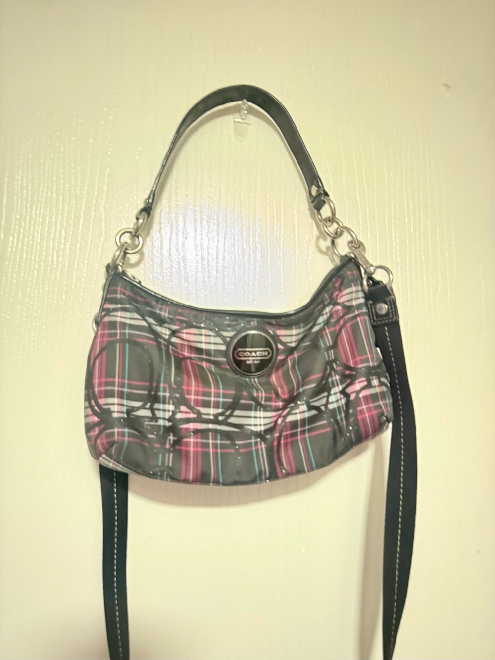Coach Pink Plaid Shoulder Bag with Black Trim